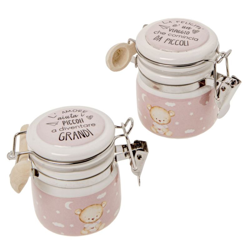 1 PZ Barattolo portaconfetti ROSA con orsetto 6.5 cm BOMBONIERA
