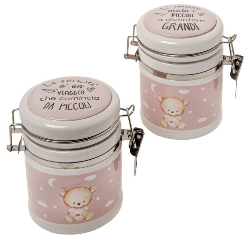 1 PZ Barattolo portaconfetti ROSA con orsetto 10.5 cm BOMBONIERA