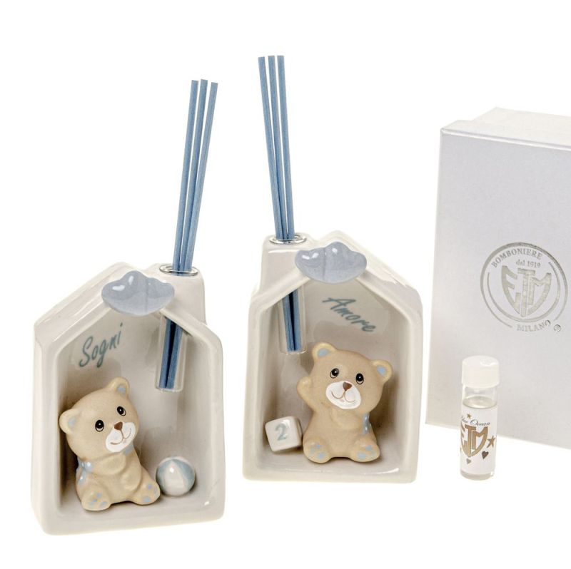 1 PZ BARTY Profumatore in ceramica Orso Orsetto celeste 11 cm BOMBONIERA