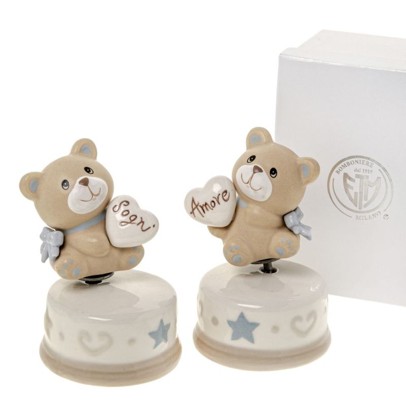 1 PZ BARTY Carillon orso Orsetto celeste in ceramica 12 cm BOMBONIERA