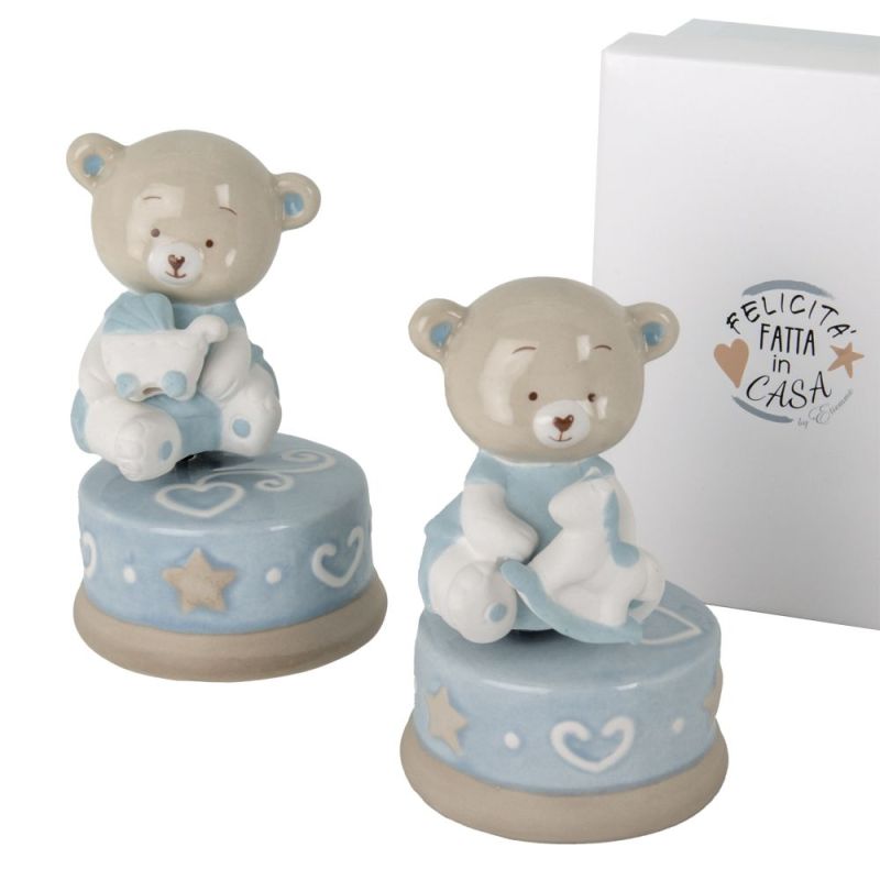 1 PZ BIBI' CARILLON Orsetto CELESTE in Ceramica 8x11 cm BOMBONIERA