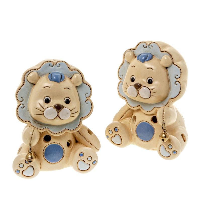 1 PZ LEONE Leoncino celeste in resina con luce led 8 cm BOMBONIERA