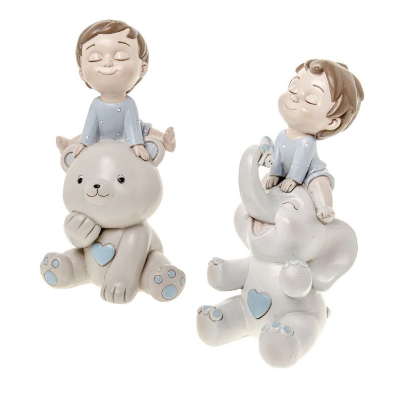1 PZ SWEET BOY Bambino su elefante o orsetto in resina 7 cm BOMBONIERA