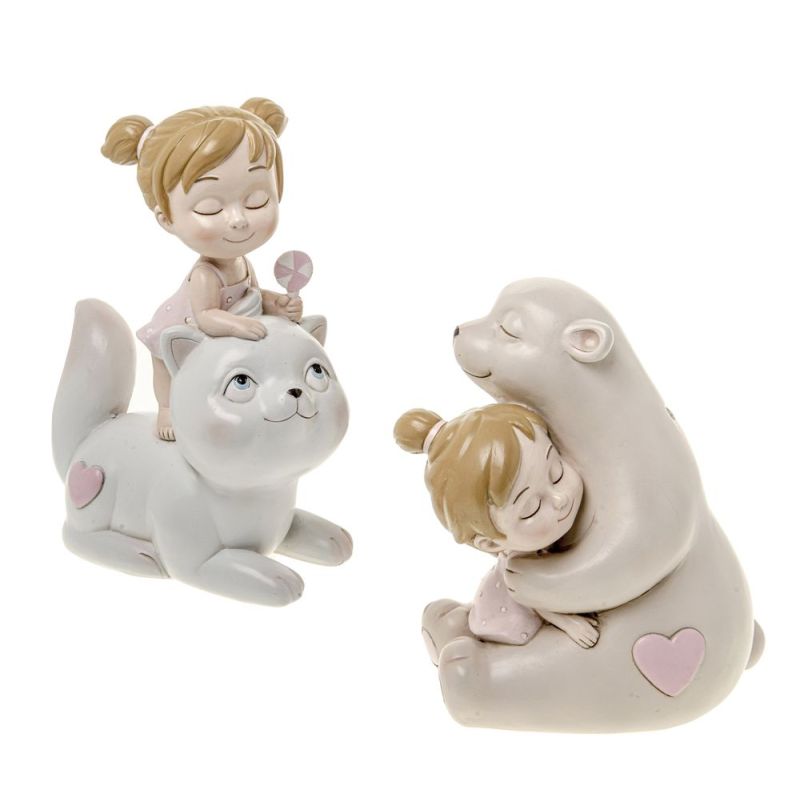 1 PZ SWEET GIRL Bambina con gatto  o orsetto in resina 7 cm BOMBONIERA