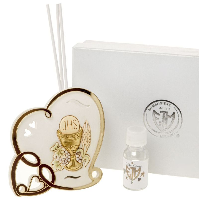 GOLDEN Profumatore CUORE in resina PRIMA COMUNIONE bomboniera