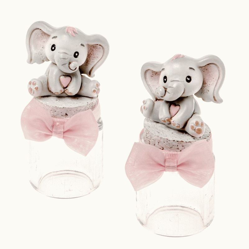 1 PZ NEVE Barattolo portaconfetti resina ELEFANTE ROSA 10 cm BOMBONIERA
