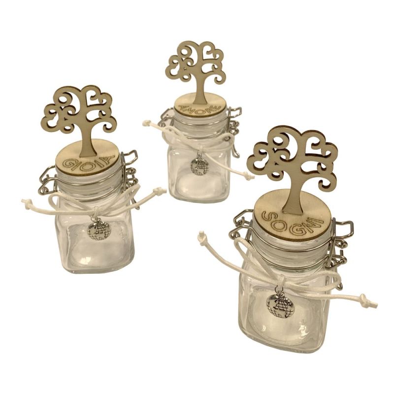 FOGLIA 1 PZ Barattolo portaconfetti con albero legno 8x5 cm BOMBONIERA