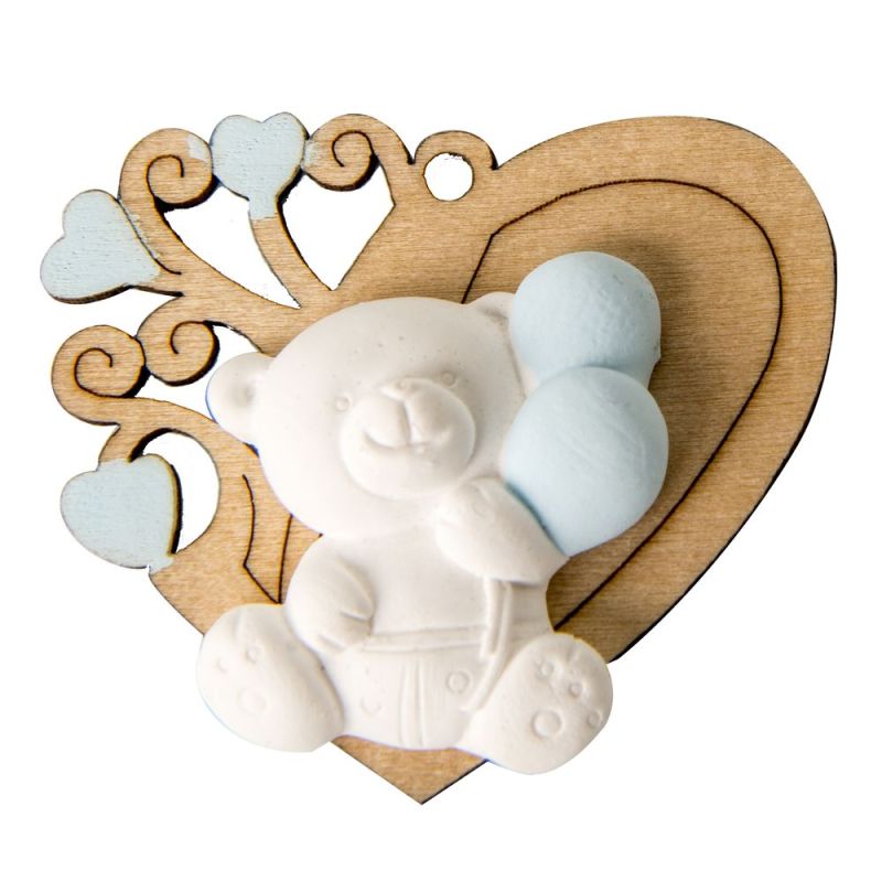 Decorazione BOMBONIERA Cuore legno con GESSETTO ORSO celeste 5 cm