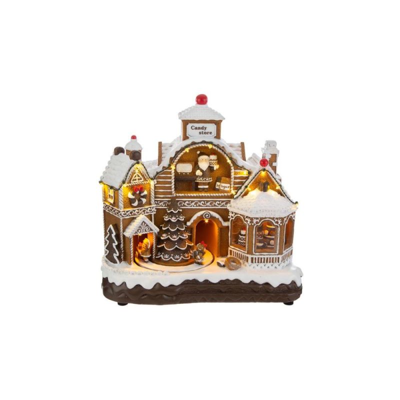 Carillon natalizio Casetta di zenzero resina luci e 8 melodie 33x17x30cm