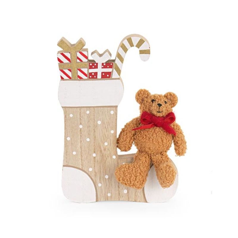 Calza natalizia in legno con morbido Orso Orsetto di natale - 20 cm