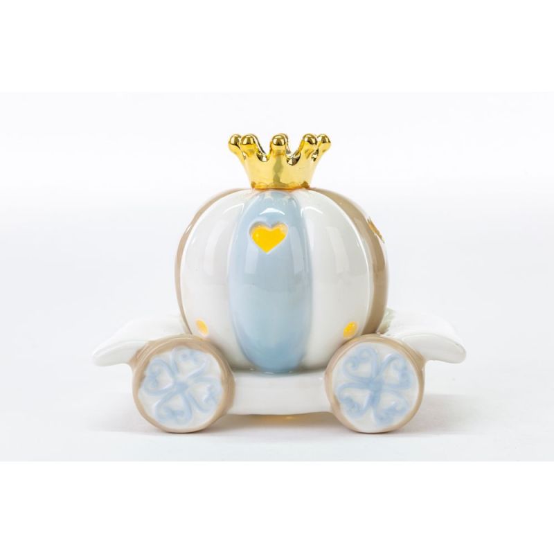 CARROZZA con luce led in porcellana CELESTE 12.5x7x10 cm BOMBONIERA