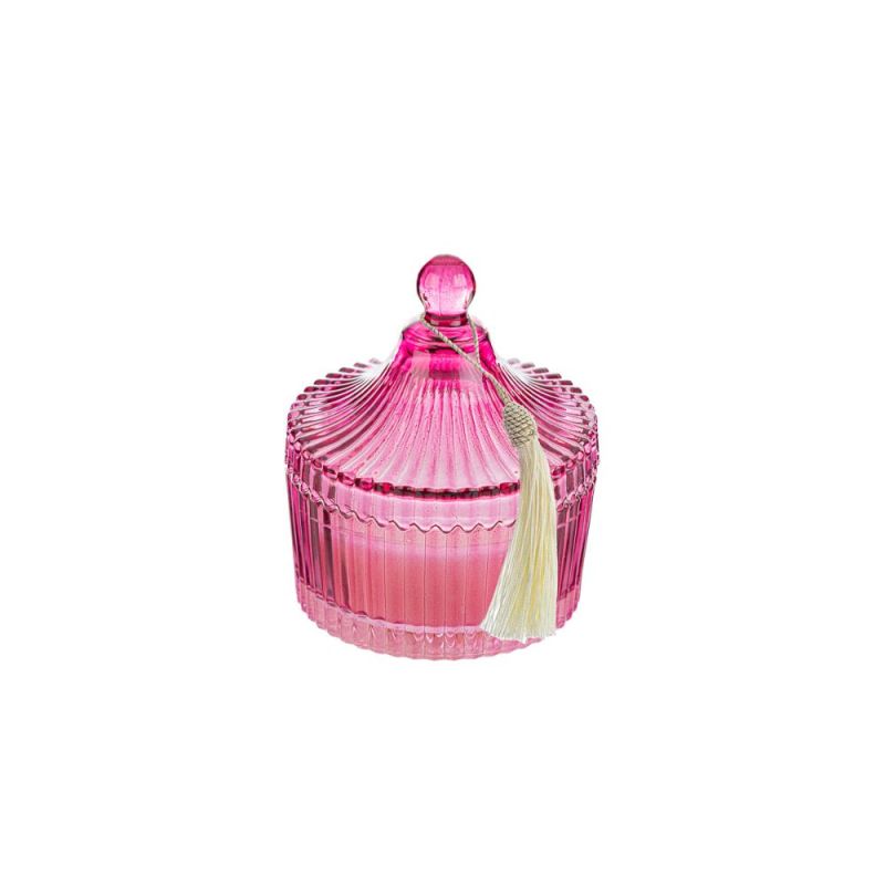 POTICHE in vetro FUCSIA con CANDELA e nappa 6.5x9 cm bomboniera