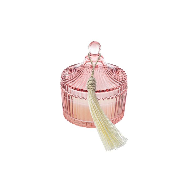 POTICHE in vetro ROSA ANTICO con CANDELA e nappa 10.5x13 cm bomboniera