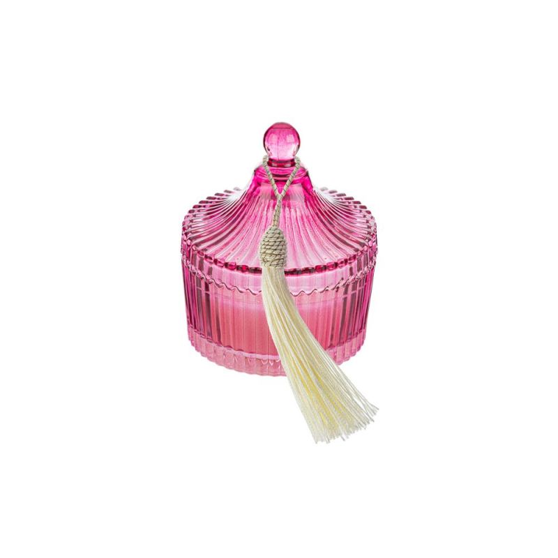 POTICHE in vetro FUCSIA con CANDELA e nappa 10.5x13 cm bomboniera