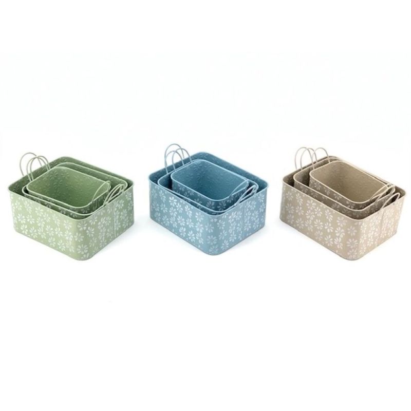 1 PZ Set da 3 Cestini Cestini in latta colorata design FIORI