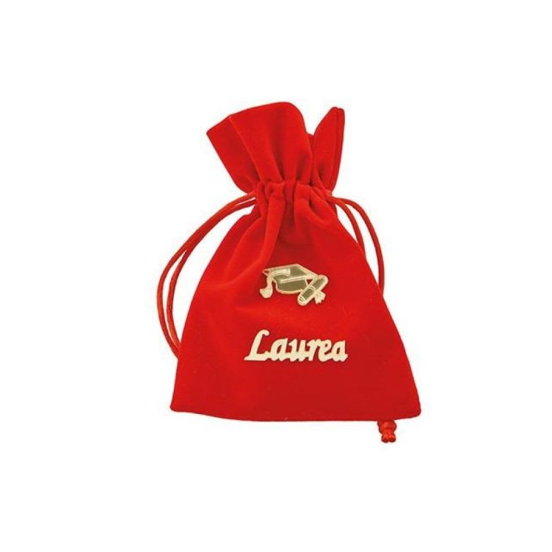 Sacchetto LAUREA velluto ROSSO decoro in Plex Oro 13x10 cm BOMBONIERA