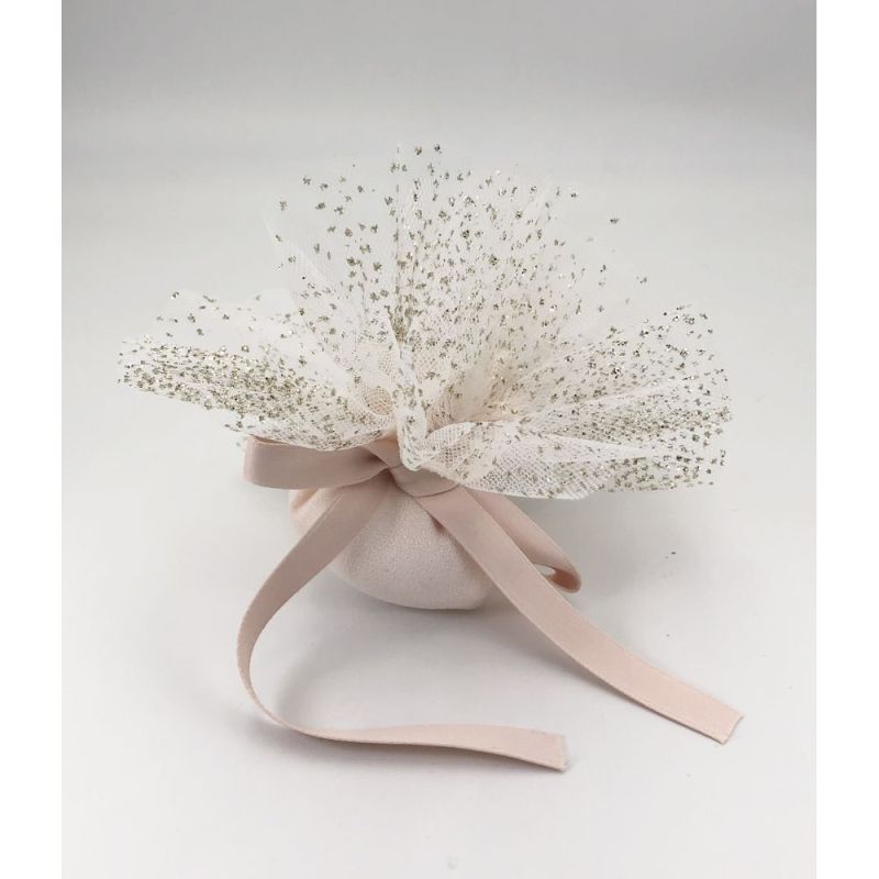 Sacchetto Velo portaconfetti 24 cm ROSA tulle glitter BOMBONIERA