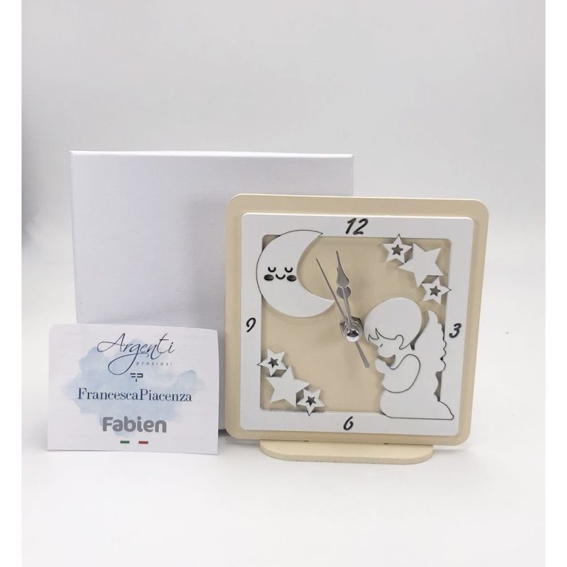 Orologio legno quadrato CREMA 12x12 cm ANGELO CHE PREGA bomboniera