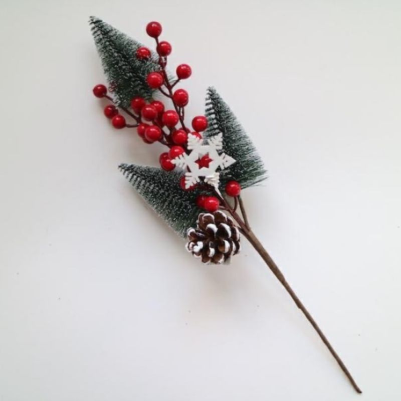 PICK DI NATALE Ramo natalizio Fiocco Neve, Bacche, Pigna e Alberi 44 cm