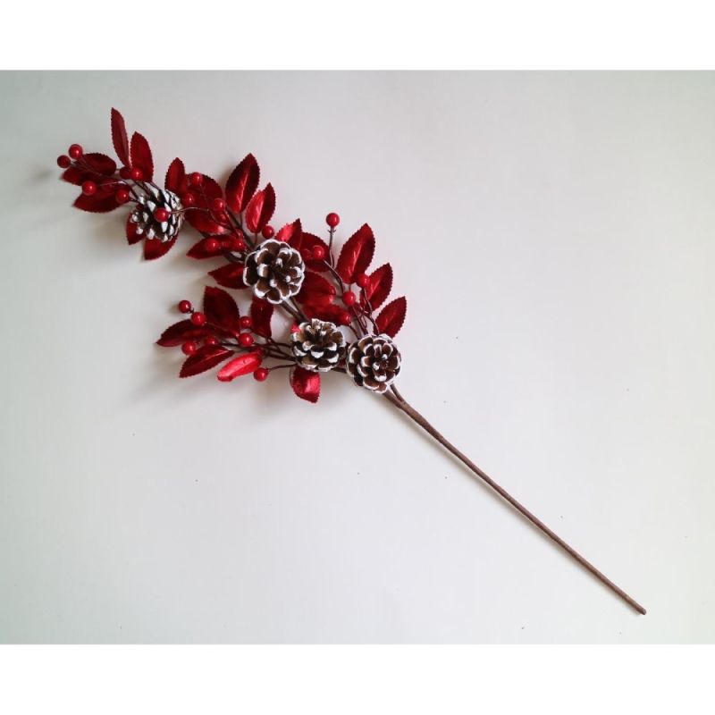PICK DI NATALE Ramo natalizio mazzo Foglie Rosse Pigne e Bacche 60 cm