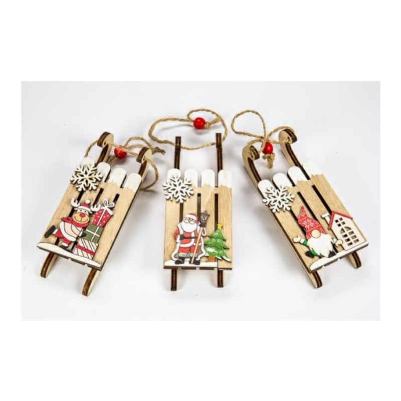 1 PZ Slitta di NATALE in legno da appendere 5x12cm Decorazione Natalizia