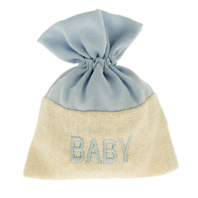 Sacchetto Portaconfetti beige e CELESTE scritta BABY 10x12 cm BOMBONIERA