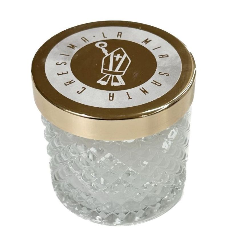 Candela in barattolo di vetro 7cm tappo oro SANTA CRESIMA bomboniera