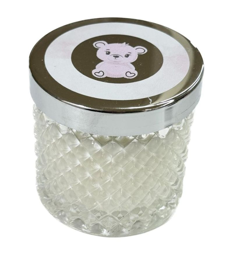Candela in barattolo vetro 7cm tappo argento con ORSETTO ROSA bomboniera