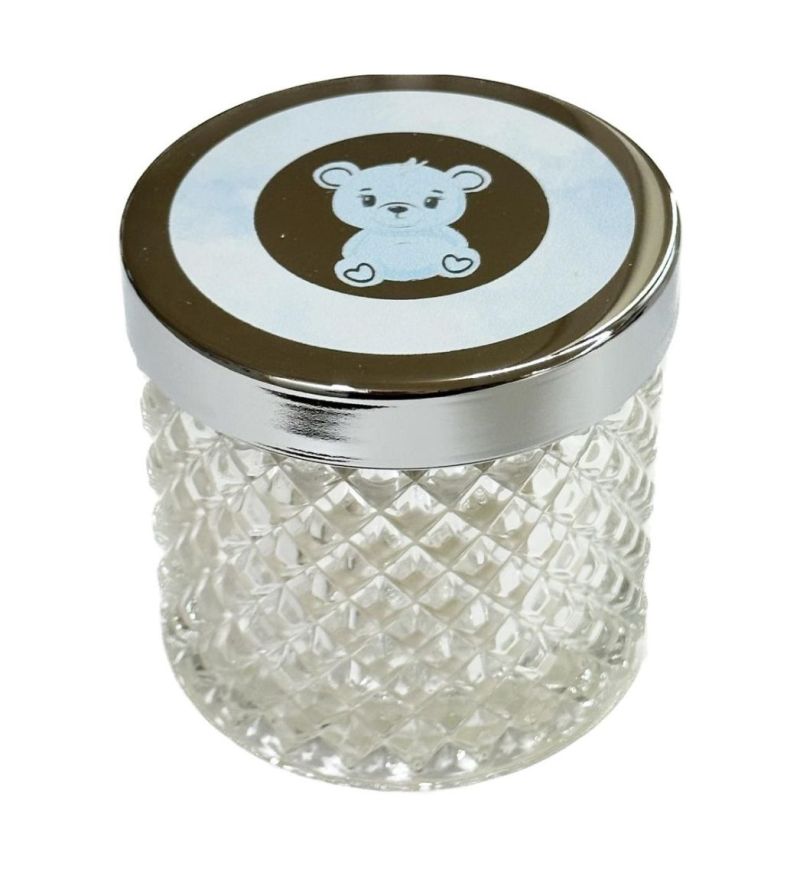 Candela in barattolo vetro 7cm tappo con ORSETTO CELESTE bomboniera