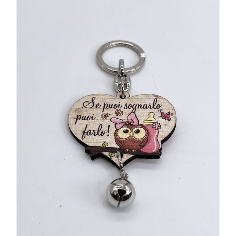 Portachiavi Legno Cuore con Gufetto rosa e frase 'SE PUOI SOGNARLO...