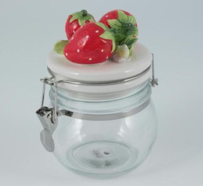 Barattolo vetro ermetico tappo porcellana con FRAGOLE da 9 cm BOMBONIERA