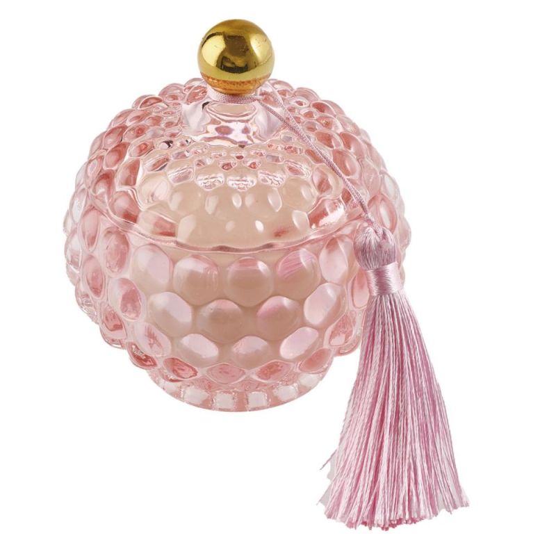 Candela in Bon Bon di vetro ROSA 8x11 cm con nappina BOMBONIERA