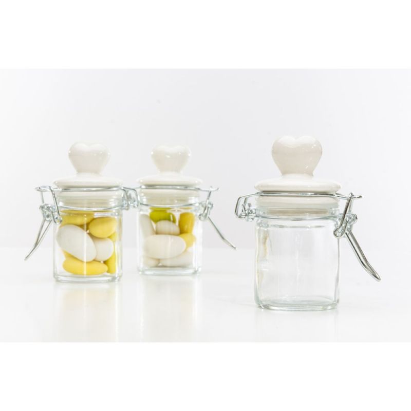 Barattolo Vetro portaconfetti ermetico50 ml Tappo Cuore H.9cm BOMBONIERA