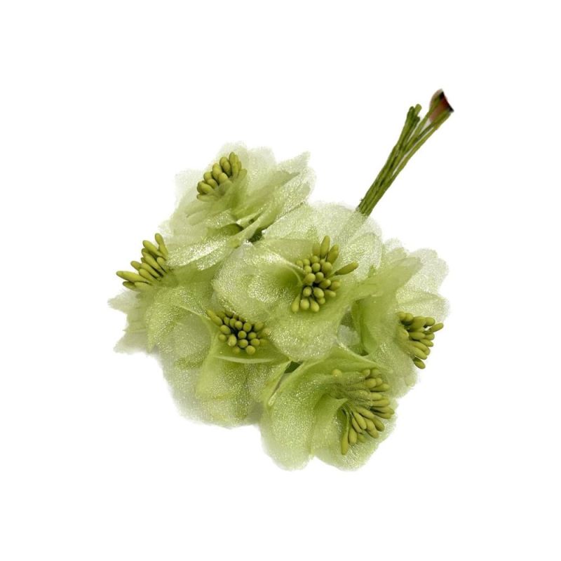 6 Fiori Artificiali Bomboniera in Organza con Pistilli 4 cm VERDE