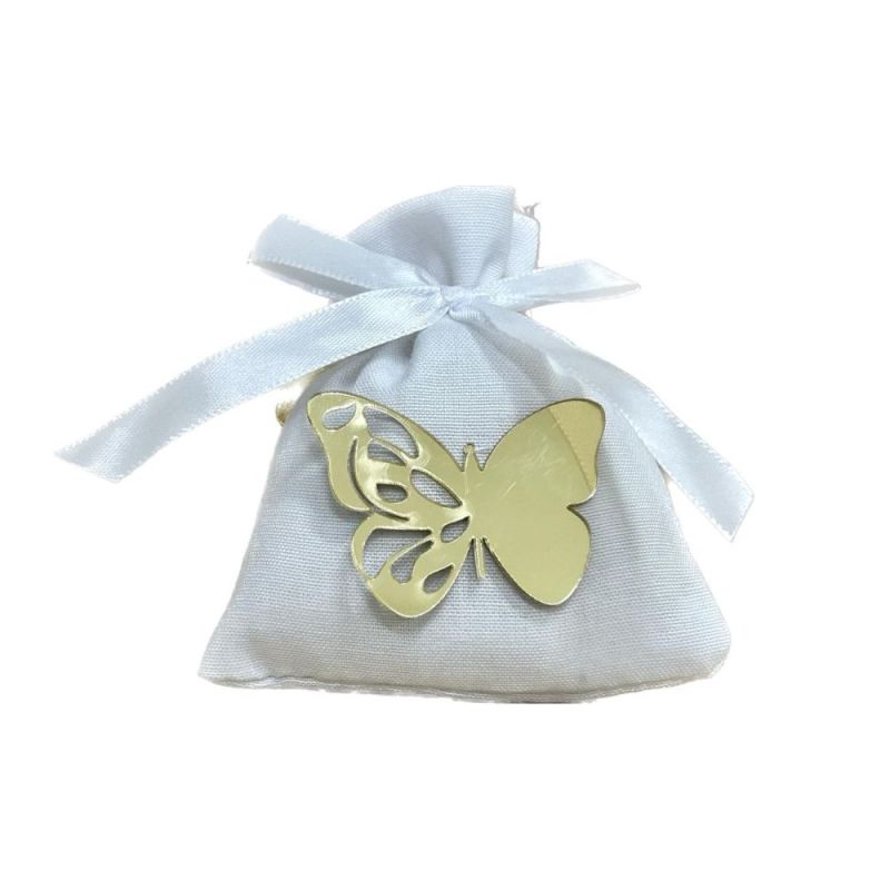 Sacchetto Portaconfetti Bianco 9x11 cm con Farfalla Oro BOMBONIERA