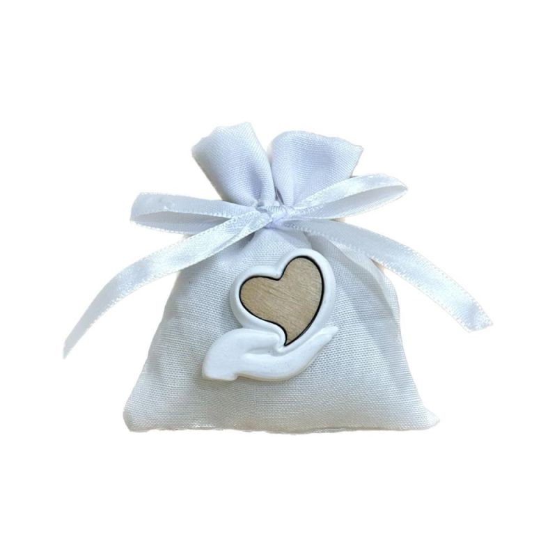Sacchetto Portaconfetti Bianco 9x11 cm Cuore sulla Mano BOMBONIERA