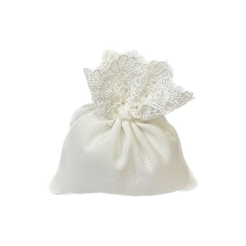 Sacchetto portaconfetti avorio con Macramè 10x12 cm e tiranti BOMBONIERA