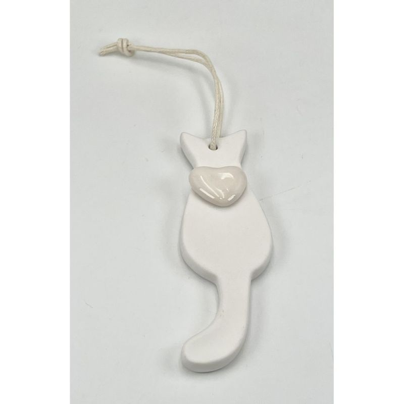 GATTO in porcellana con cuoricino AVORIO 10.8x3.5 cm BOMBONIERA