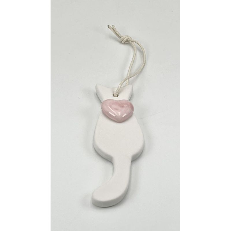 GATTO in porcellana con cuoricino ROSA 10.8x3.5 cm BOMBONIERA
