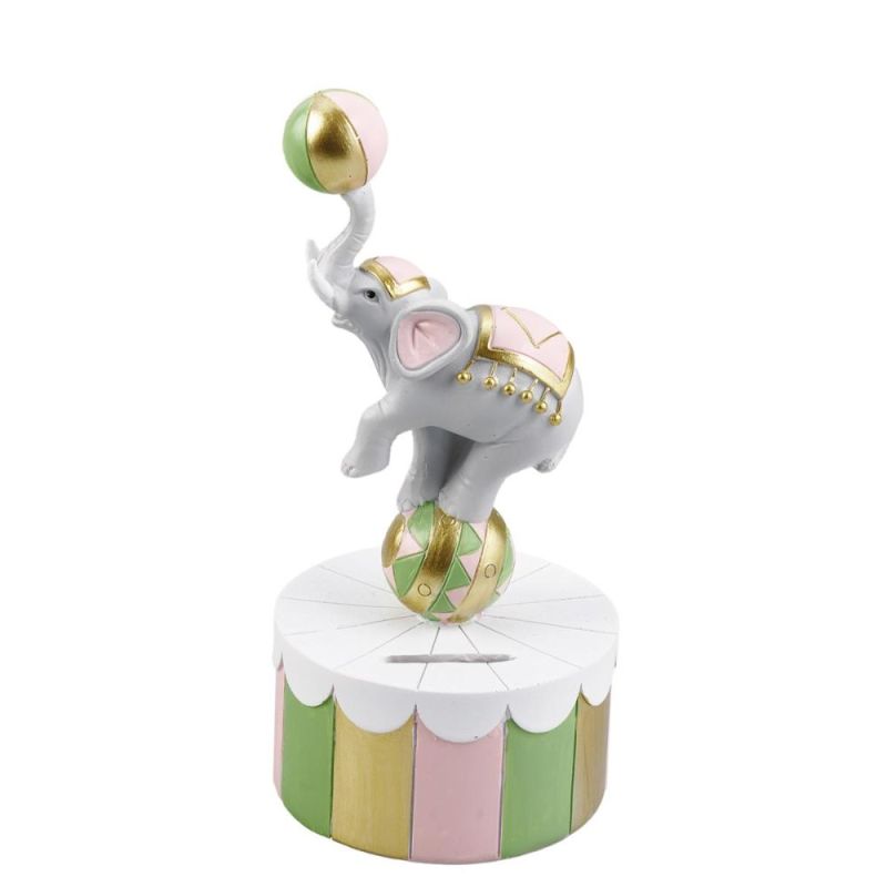 SALVADANAIO Elefante giocoliere celeste in resina 17 cm BOMBONIERA