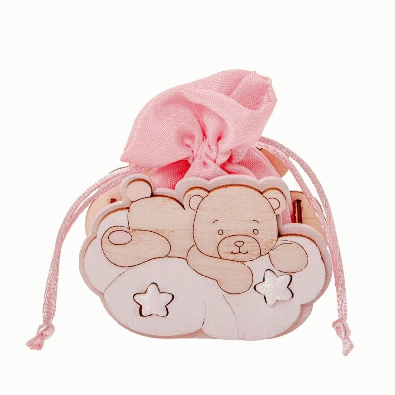 TWO STARS Scatolina legno portaconfetti ORSETTO ROSA bomboniera