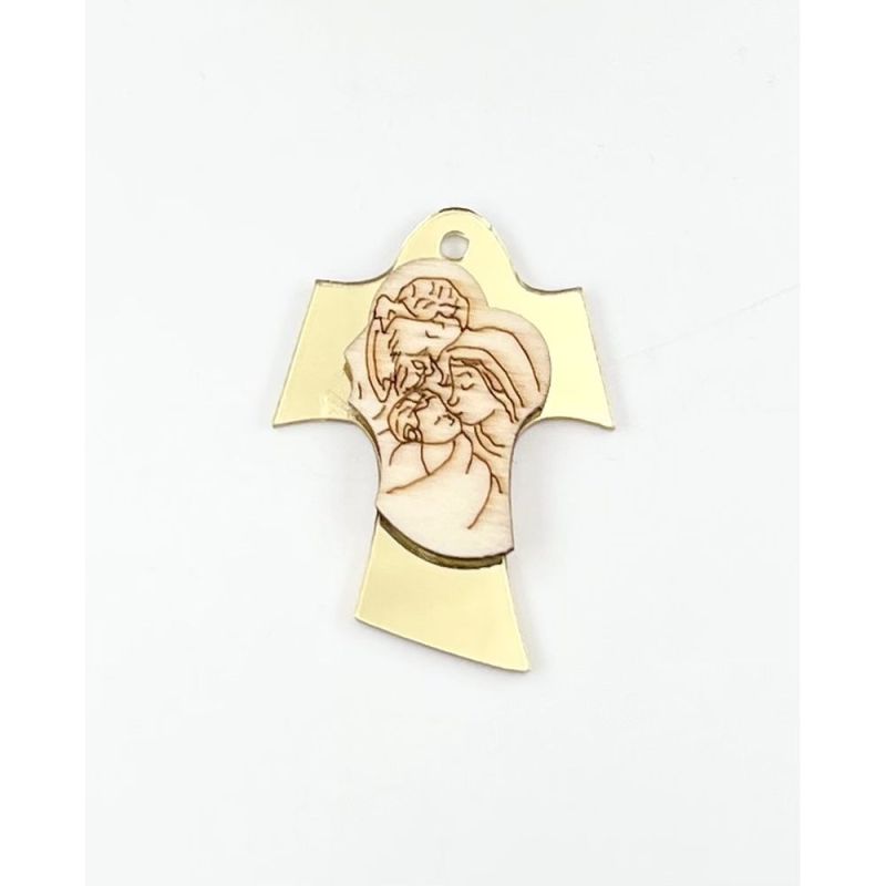 Decorazione BOMBONIERA Croce in plexi ORO con SACRA FAMIGLIA 4 cm