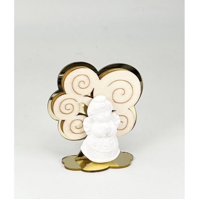 ANGELO gesso con ALBERO legno e PLEXI ORO 6 cm BOMBONIERA