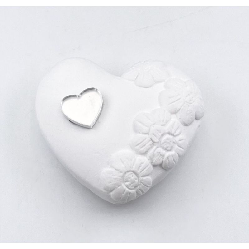 Calamita CUORE GESSO con cuoricino PLEXI ARGENTO 3 cm BOMBONIERA
