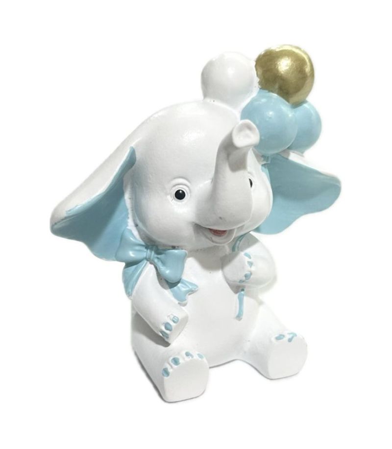 Elefante Elefantino celeste con palloncini in resina 7 cm BOMBONIERA