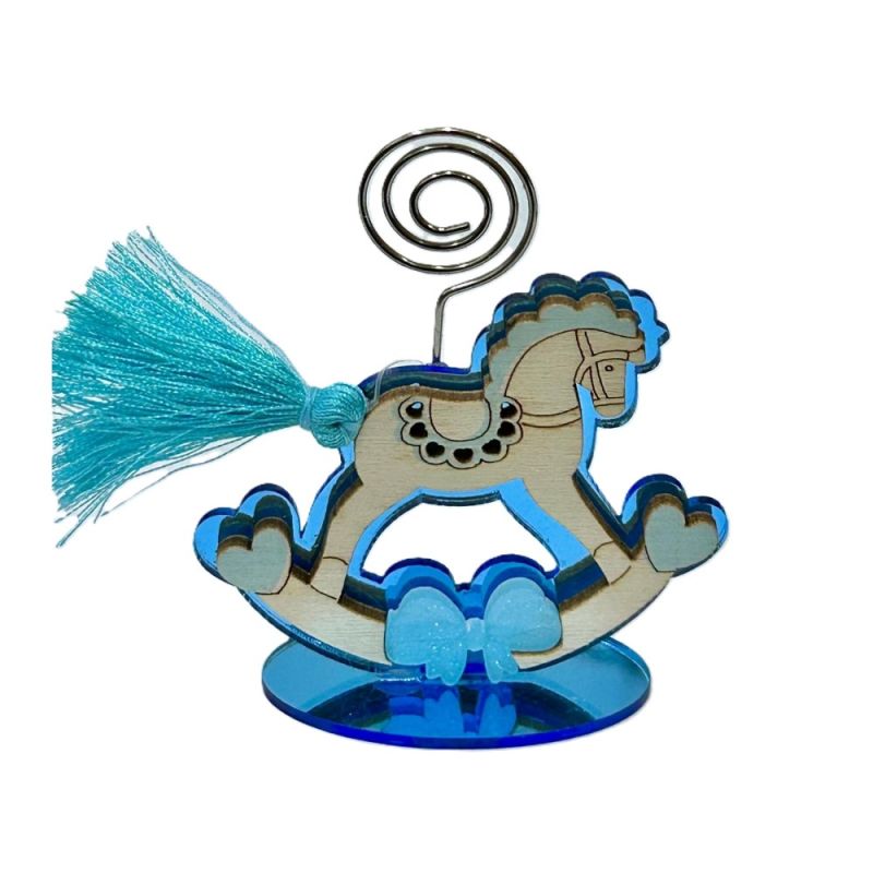 Segnaposto Clip Portafoto CAVALLO A DONDOLO CELESTE 7x8.5 cm BOMBONIERA