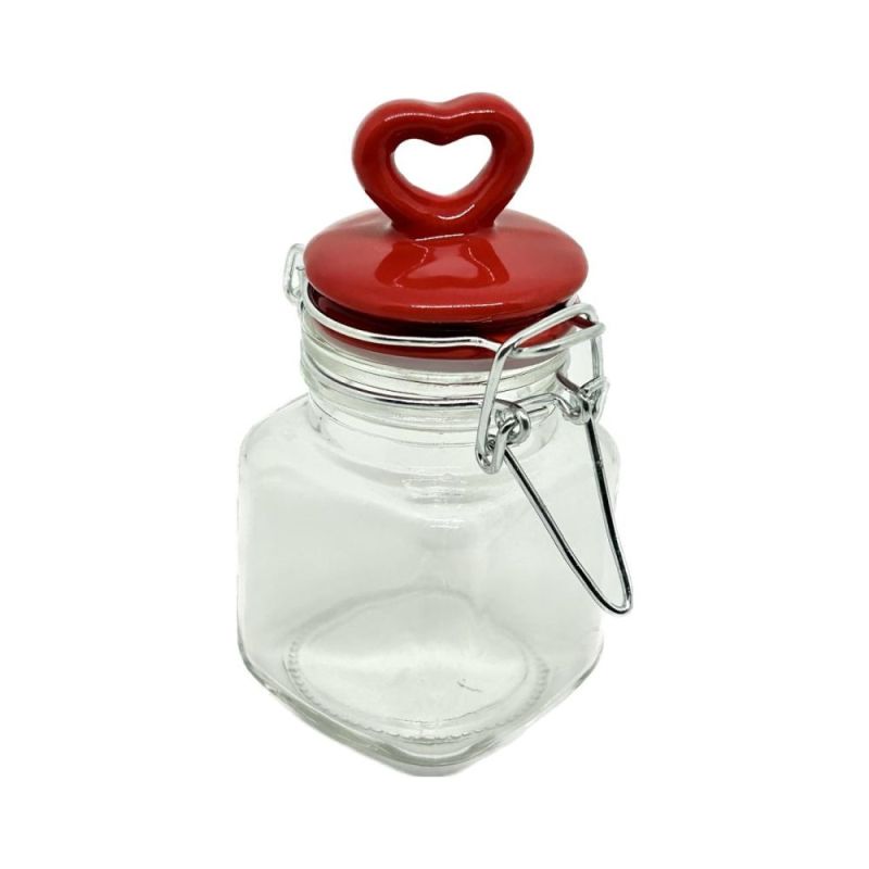 Barattolo Vetro portaconfetti ermetico 100 ml Tappo Cuore ROSSO H.10 cm