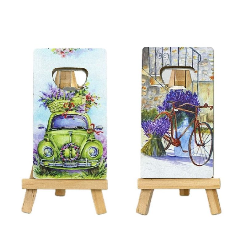 1X Apribottiglie in legno con calamita design LAVANDA 6x11 cm BOMBONIERA