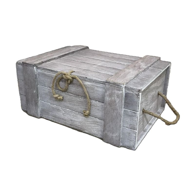 Baule in legno 42x30x18.5 cm colore Wash con corda di chiusura e manici